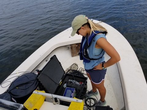 Anna Windle on boat conducting drone research