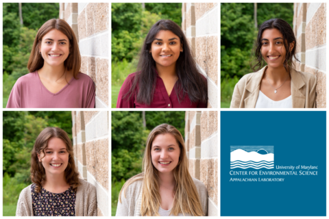 Headshots of five new graduate students leaning against stone wall with one UMCES blue square with logo in a collage. 