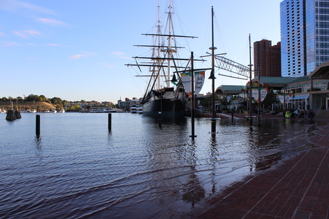 Water on the pathway of Baltimore's Inner Harbor