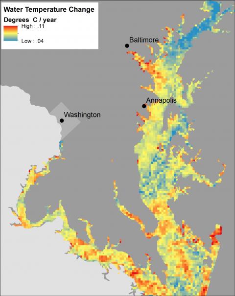 Map displaying spatial pattern the rate of water surface temperature change over time in the Chesapeake Bay