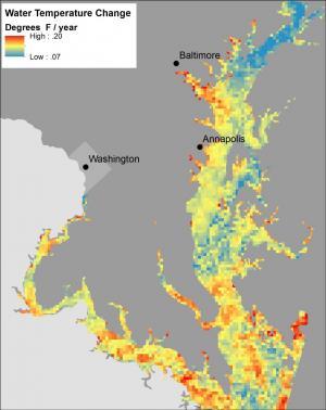 Map showing temperature trends in Chesapeake Bay