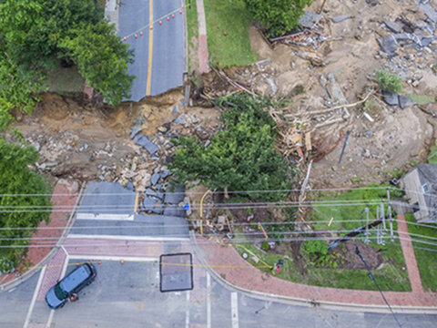 A washed out road from an overhead view