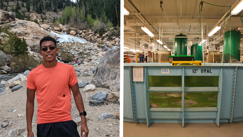 Two images: Eric Sibanda and Fish tank in IMET Aquaculture Research Center
