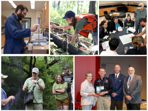 Collage of photos showing students in lab and field and award winners. 