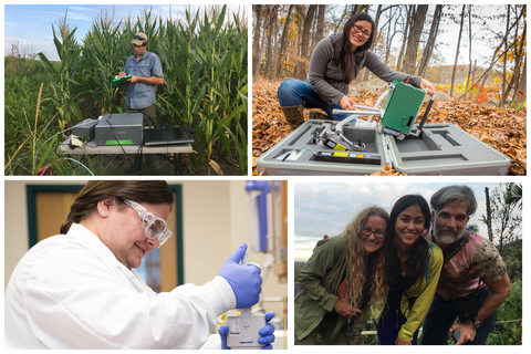 four photos of students in different settings: one in a lab with lab coat preparing samples, one in corn field with equipment on a table, one in a forest with fall leaves on the ground unpacking equipment and one in a group shot, shoulder-to-shoulder. 