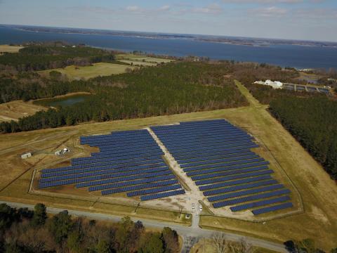 An aerial view of the solar field at Horn Point Laboratory looking toward Chesapeake Bay.