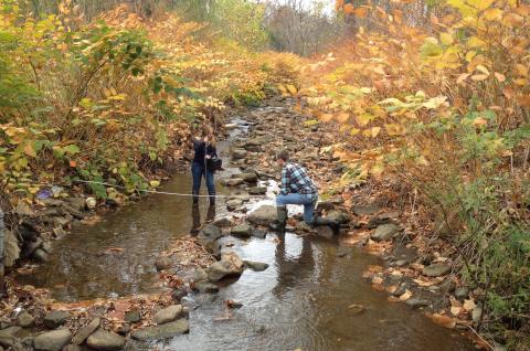 Two scientists measure water quality in a stream
