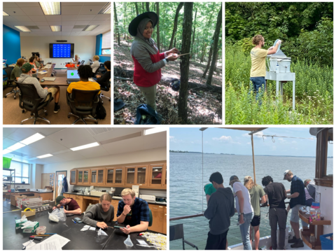 Collage of intern photos including interns in the field, in the lab, in the classroom, and on a research boat. 