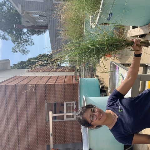 Isabel Sanchez holding sea grass outside