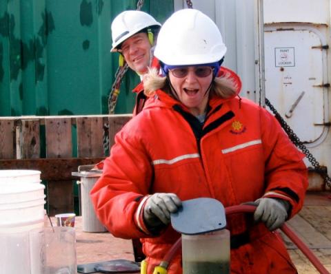 Jackie Grebmeier prepares to core the Arctic floor.