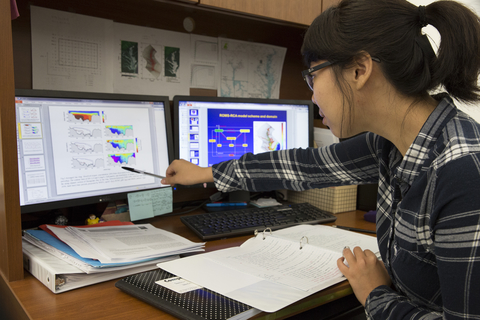 wenfei sitting at her desk.