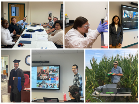 collage of graduate students and interns in the field, in the laboratory, and in presentation rooms. 