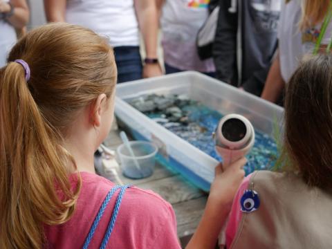 Girl models currents in a classroom experiment 