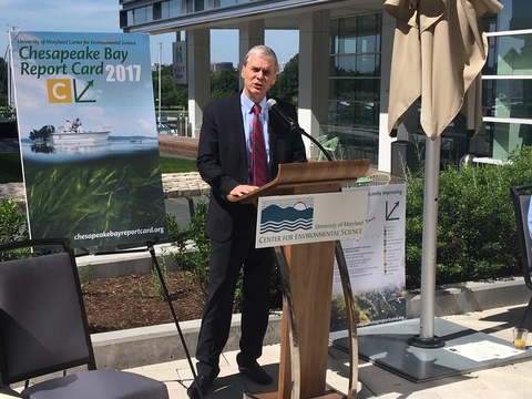 Peter Goodwin at podium speaking at Chesapeake Bay report card event