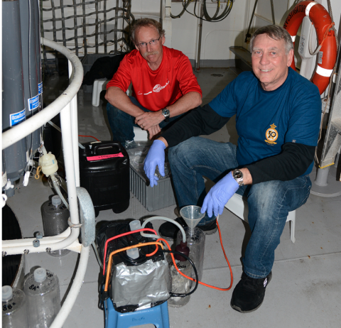 Raleigh Hood and Michael Landry (Scripps Institution of Oceanography) filtering water from the CTD in preparation for experiments conducted on the aft deck of RV Investigator.