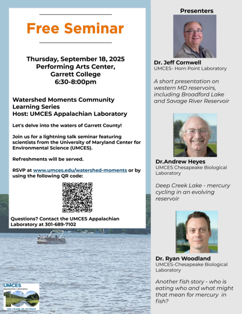 Flyer for event with scene of pontoon on water in background and headshots of Ryan Woodland, Andrew Heyes and Jeff Cornwell on the side. 