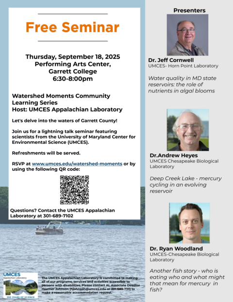 Event flyer with photo of Deep Creek Lake in the background and headshots of Jeff Cornwell, Andrew Heyes and Ryan Woodland from top to bottom on the right. 
