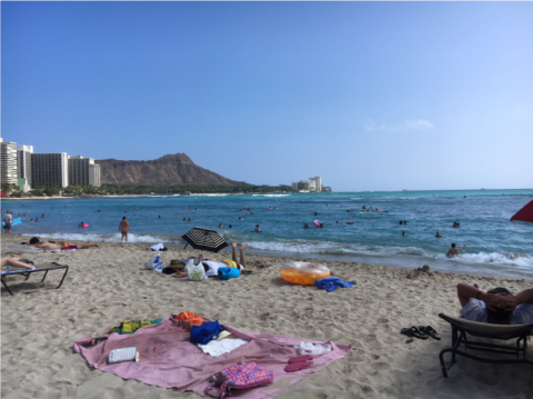 Sunbathers on the beach at Waikiki, Hawaii.