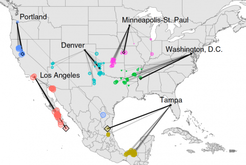 Map of the United States showing how climate change will shift the climate of cities 500 miles to the south by 2080.