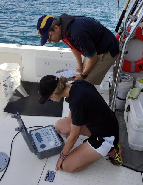 Dave Secor doing research on a boat