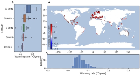 A photo and color graph showing locations of estuaries around the world that are warming.