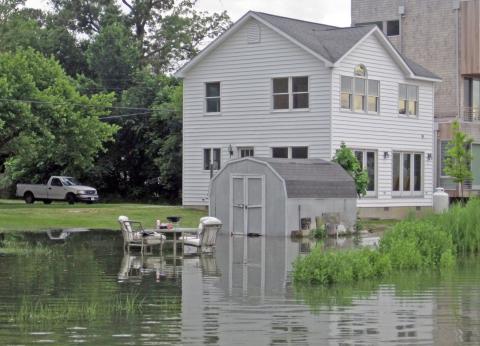 A house surrounded by flood water on the Eastern Shore of Maryland. 