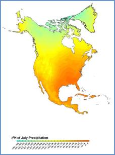 Image showing the gradient of stable hydrogen isotopes in rainfall across North America