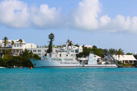 research boat on teal water