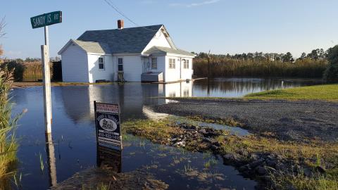 The yard around a home is flooded with standing water. 