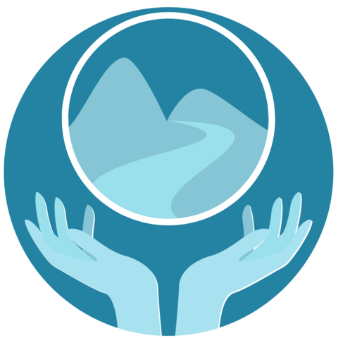 Stewardship icon, showing hands holding up a mountain and river scene