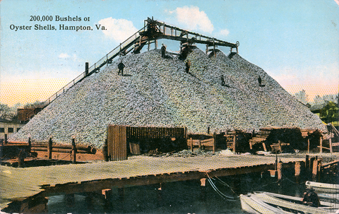 Oyster shell pile with men