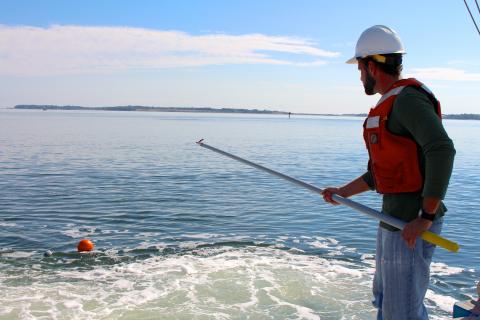 person standing in the water with a pole