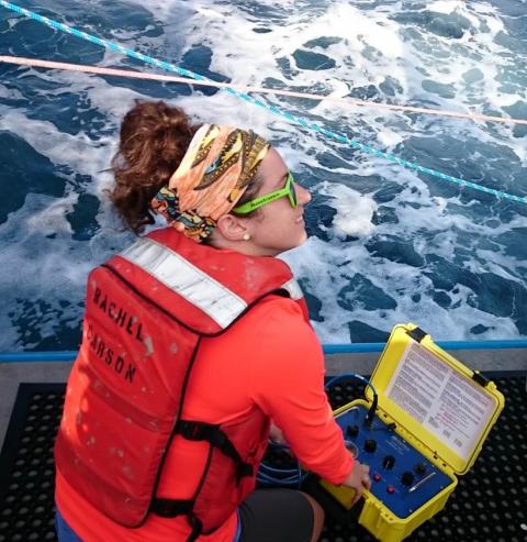 Jessica Wingfield does research on the water. 