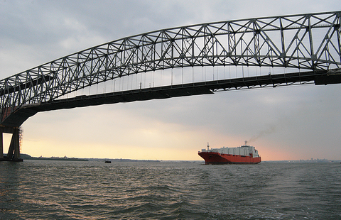 A tanker ship approaches the Francis Scott Key bridge over the Patapsco River