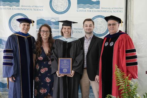 UMCES President Peter Goodwin, Graduate Student Council Chair Christina Goethel, Faculty Mentorship Awardee Laura Lapham, Graduate Student Drew Hobbs, and Chesapeake Biological Laboratory Director Tom Miller.