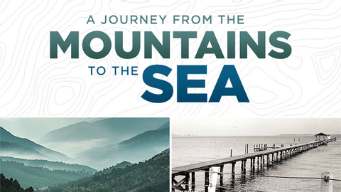 The WordsA Journey from the Mountains to the Sea appear above photos of the Appalachian Mountains and a pier on the Chesapeake Bay