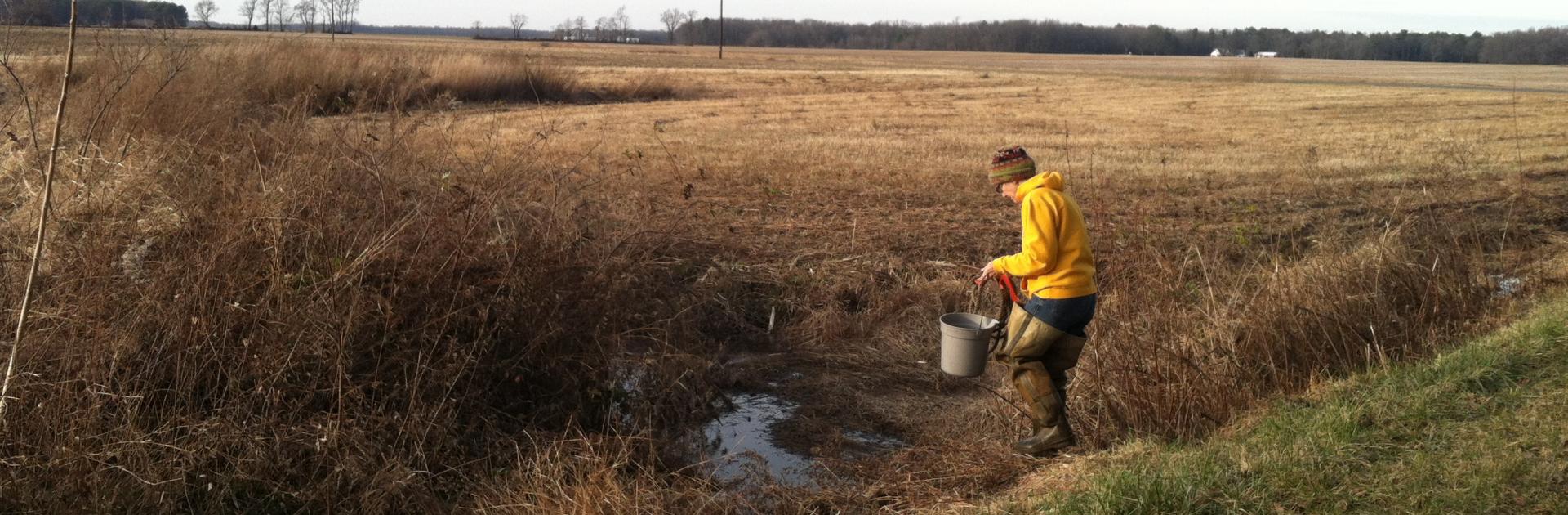 person gathering samples with a bucket