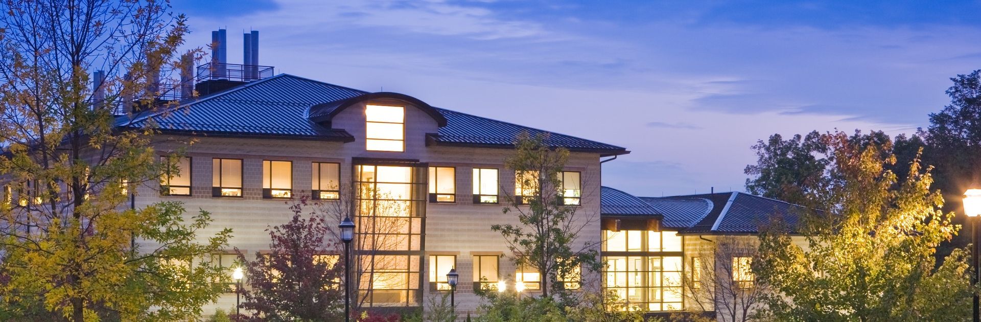 Appalachian Laboratory building at night with all windows lit