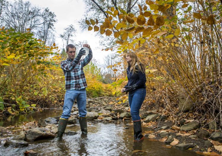 two people testing water in a stream