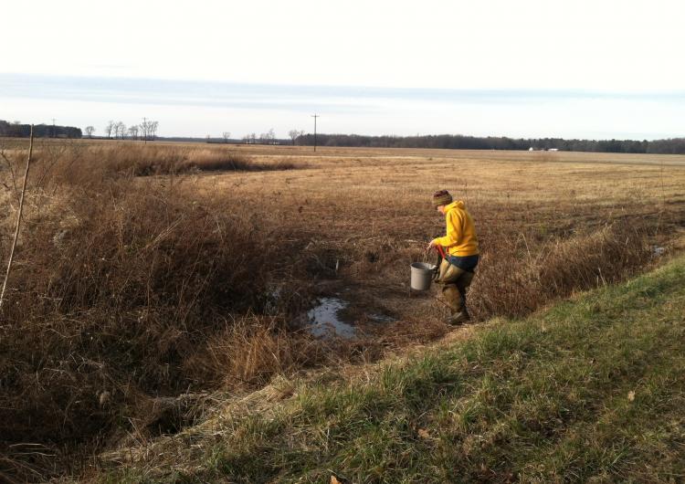 person gathering samples with a bucket