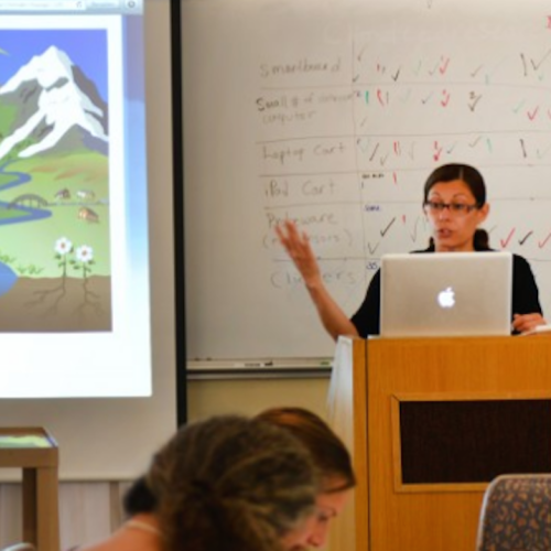 Teacher at podium teaching class about climate change