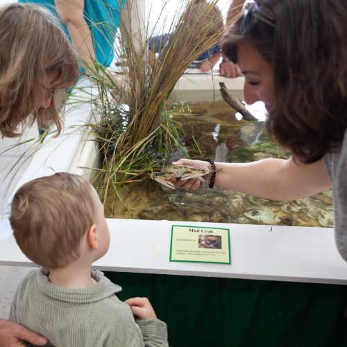 A parent and child look at a crap held by an HPL Scientist