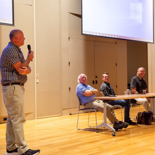 Dr. David Nelson introducing Dr. Andrew Heyes, Dr. Ryan Woodland, and Dr. Jeff Cornwell.