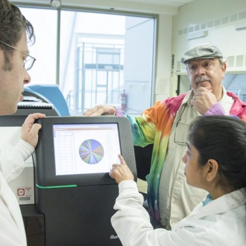 Three scientists look at the data found by the BAS Lab