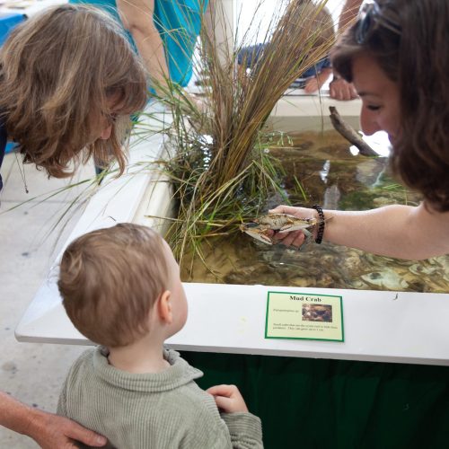A parent and child look at a crap held by an HPL Scientist
