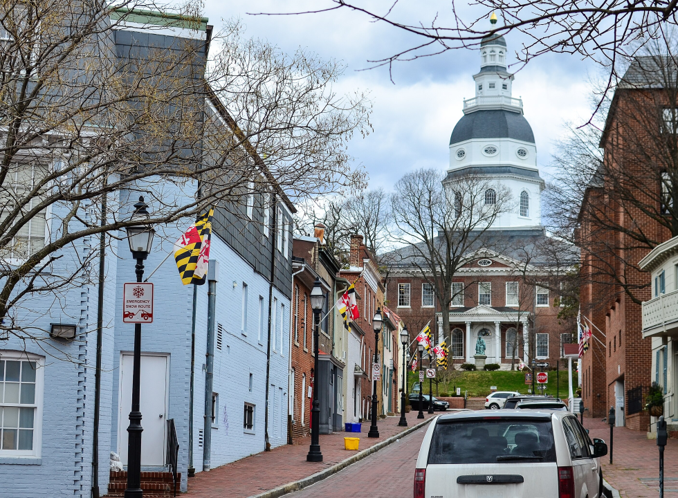Looking up Francis Street, Annapolis, MD to the Maryland State House