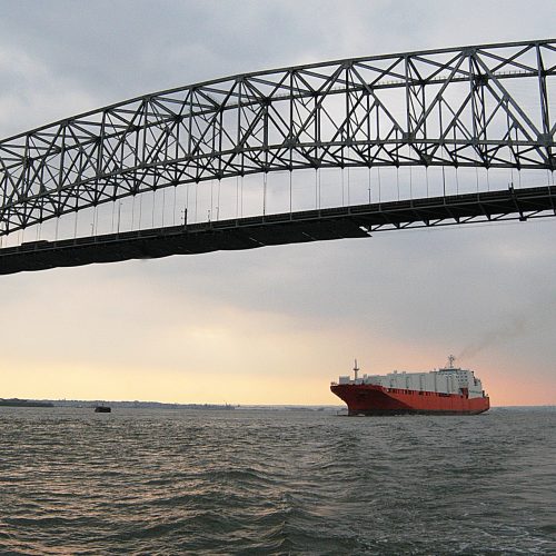 A tanker ship approaches the Francis Scott Key bridge over the Patapsco River