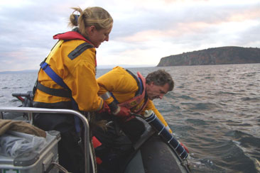 Retrieving a hydrophone that can detect dolphin and porpoise echolocation clicks. Courtesy of University of Aberdeen.