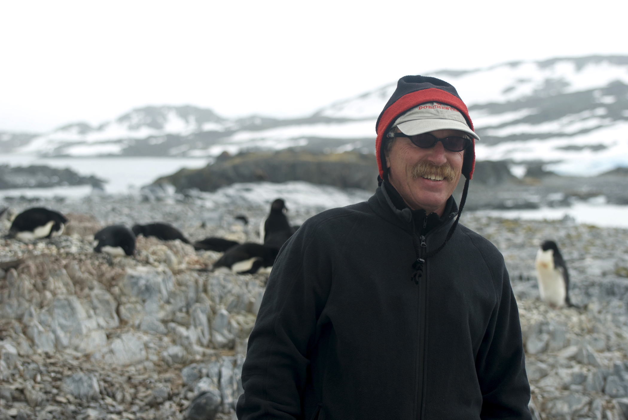 Raleigh Hood with penguins in background