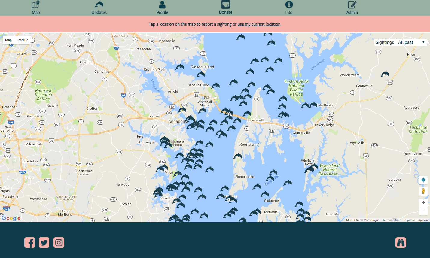 Image shows a map of Chesapeake Bay with dark blue dolphin symbols appearing where dolphins have been reported to Chesapeake DolphinWatch. There are approximately 50 dark blue dolphin symbols from top to bottom.